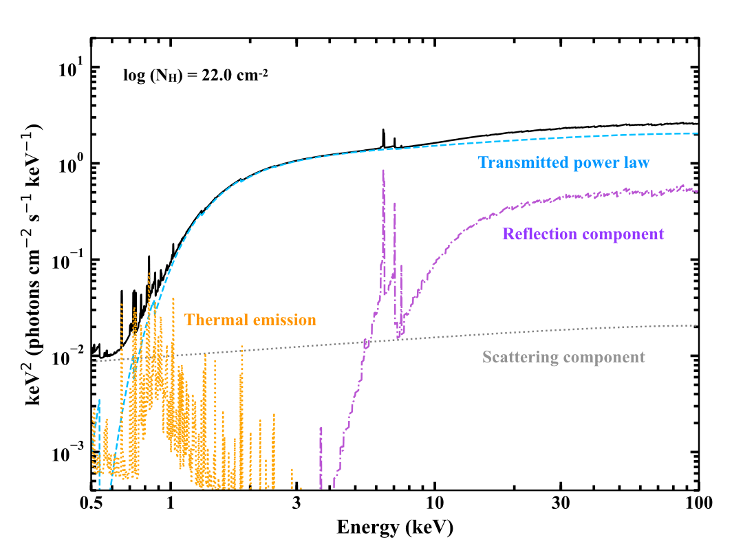 Change in spectral shape due to increasing hydrogen column density in the line of sight. The intrinsic emission (power law) is absorbed, and only partially transmitted. As a result, at high column densities, the reflection component dominates the observed emission. Credit: X. Zhao.